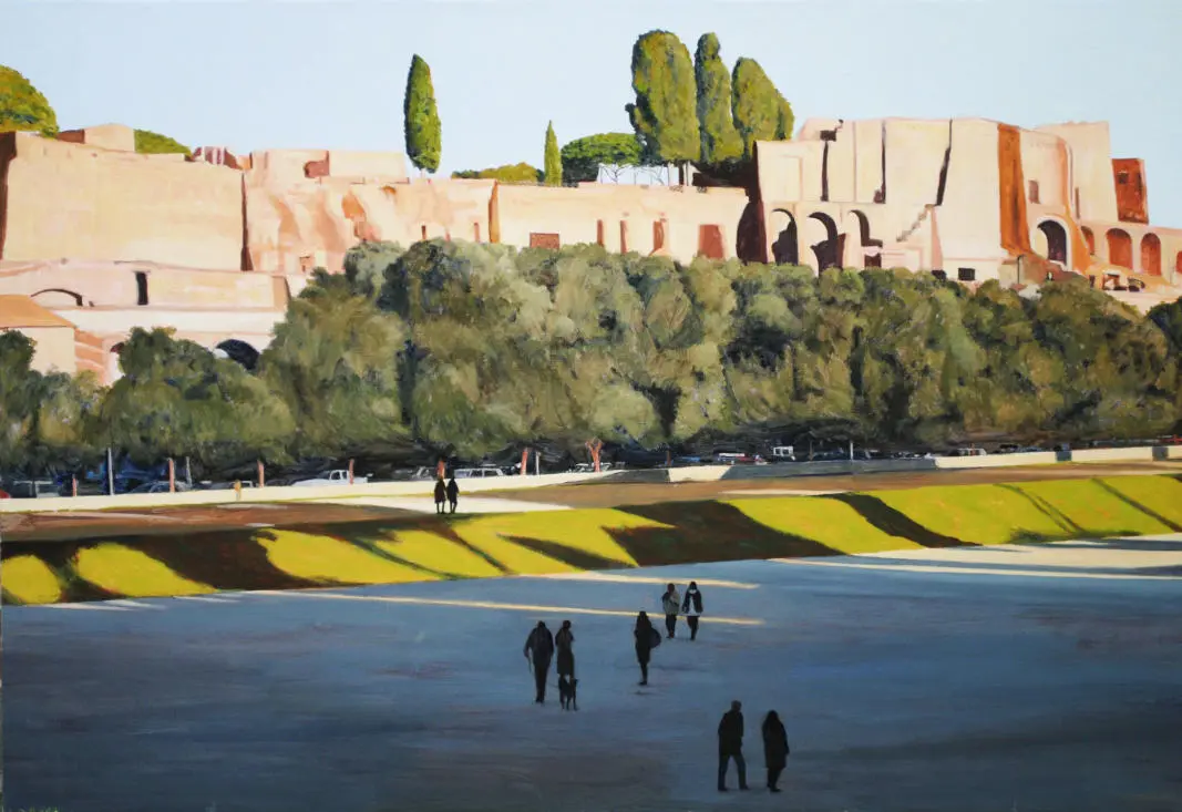 Vue de Rome, ombres sur les pins au Circo Massimo, œuvre de Philippe Pradalié